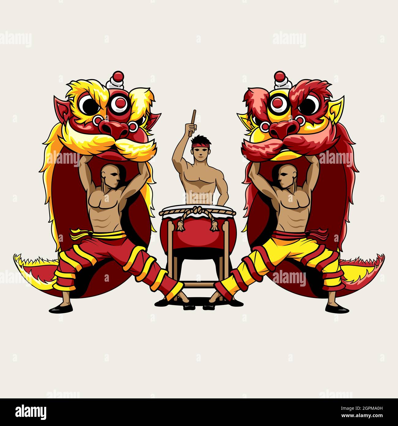 Barongsai Lion Dancers and a Drummer vector illustration for greeting card, design element, flyer, poster or any other purpose. Stock Vector