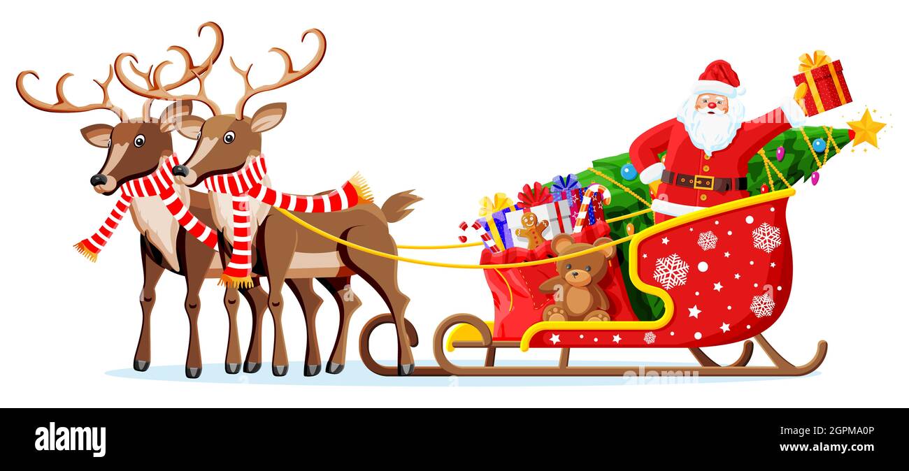 Santa claus on sleigh full of gifts and reindeer. Stock Vector