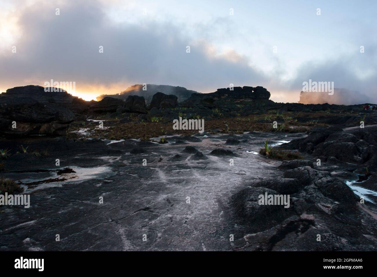 landscape of dark stones at dawn Stock Photo