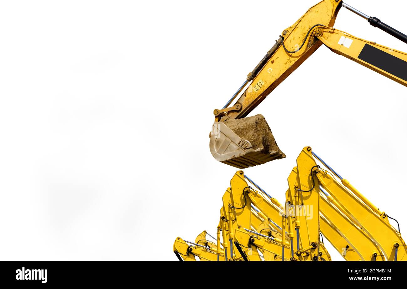 Backhoe with hydraulic piston arm isolated on white background. Backhoe