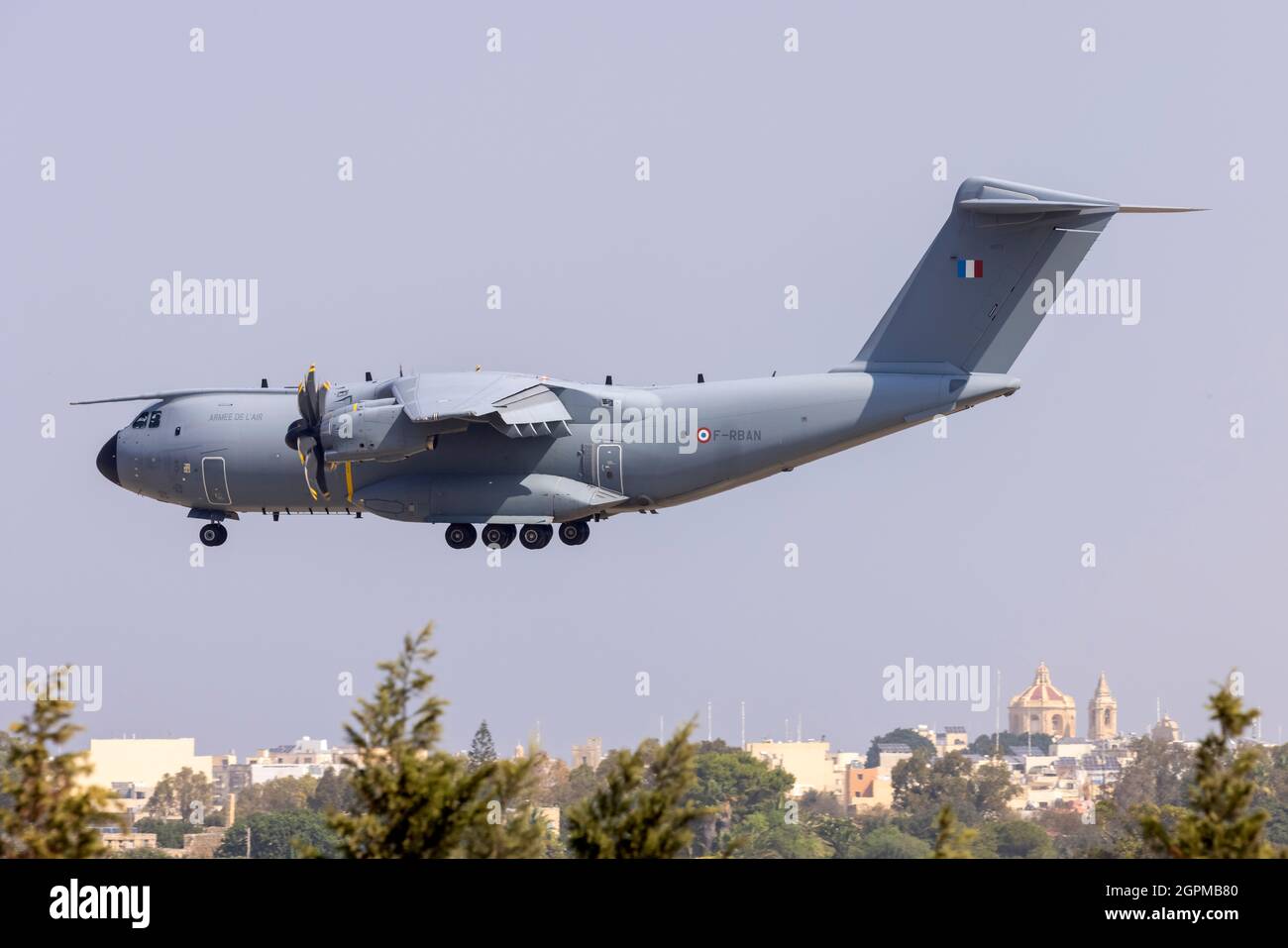 French Air Force Airbus A400M-180 (REG: F-RBAN) on finals runway 31. Stock Photo