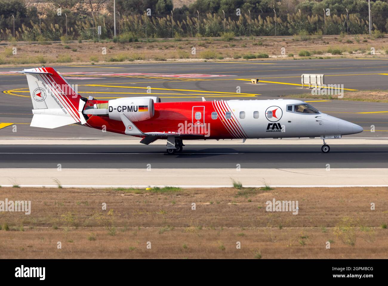 FAI (Flight Ambulance International) Learjet 60 (REG: D-CPMU) arriving for a medevac flight from Malta. Stock Photo