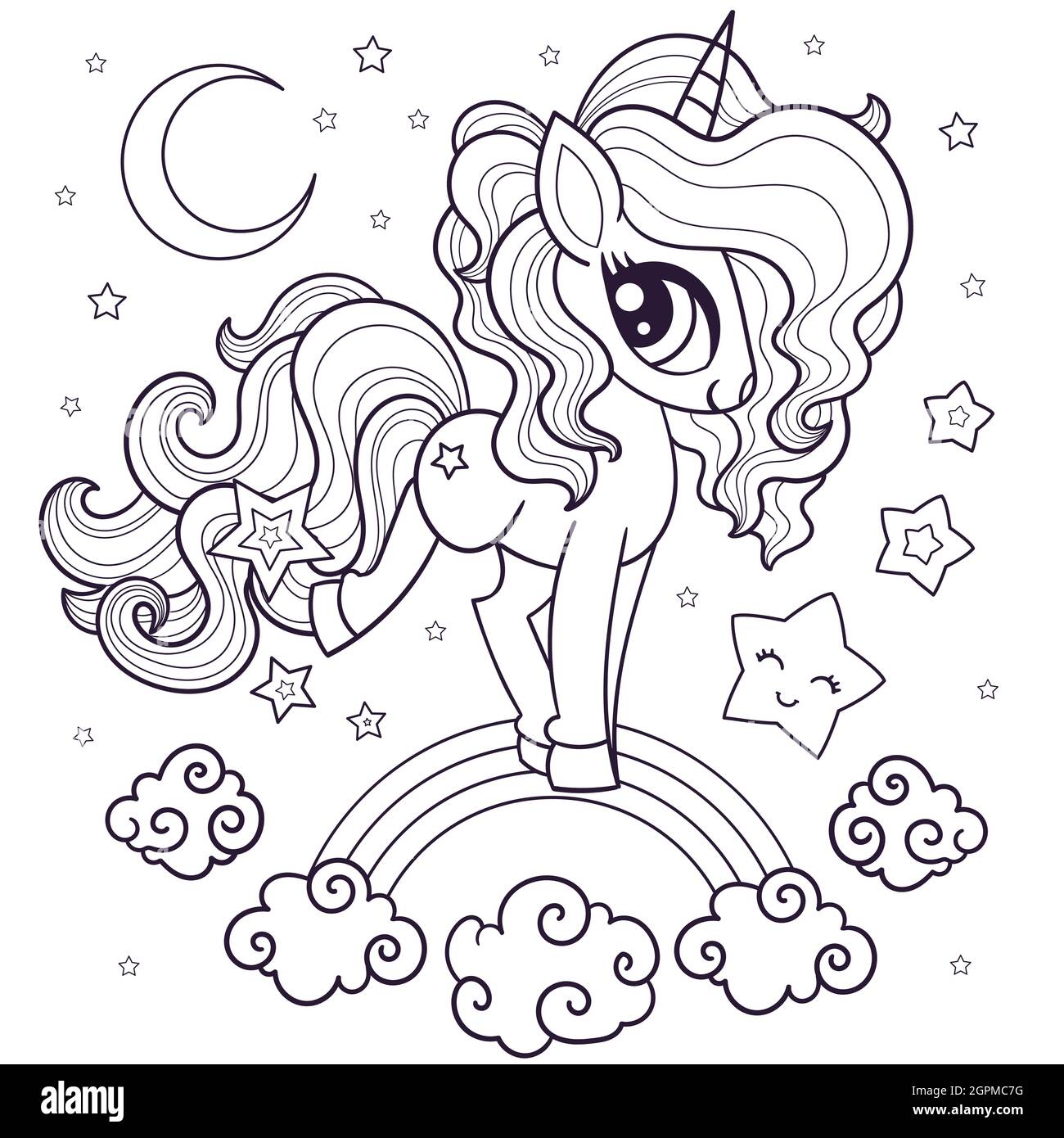 Cute unicorn on the rainbow. Black and white linear image. Vector Stock ...