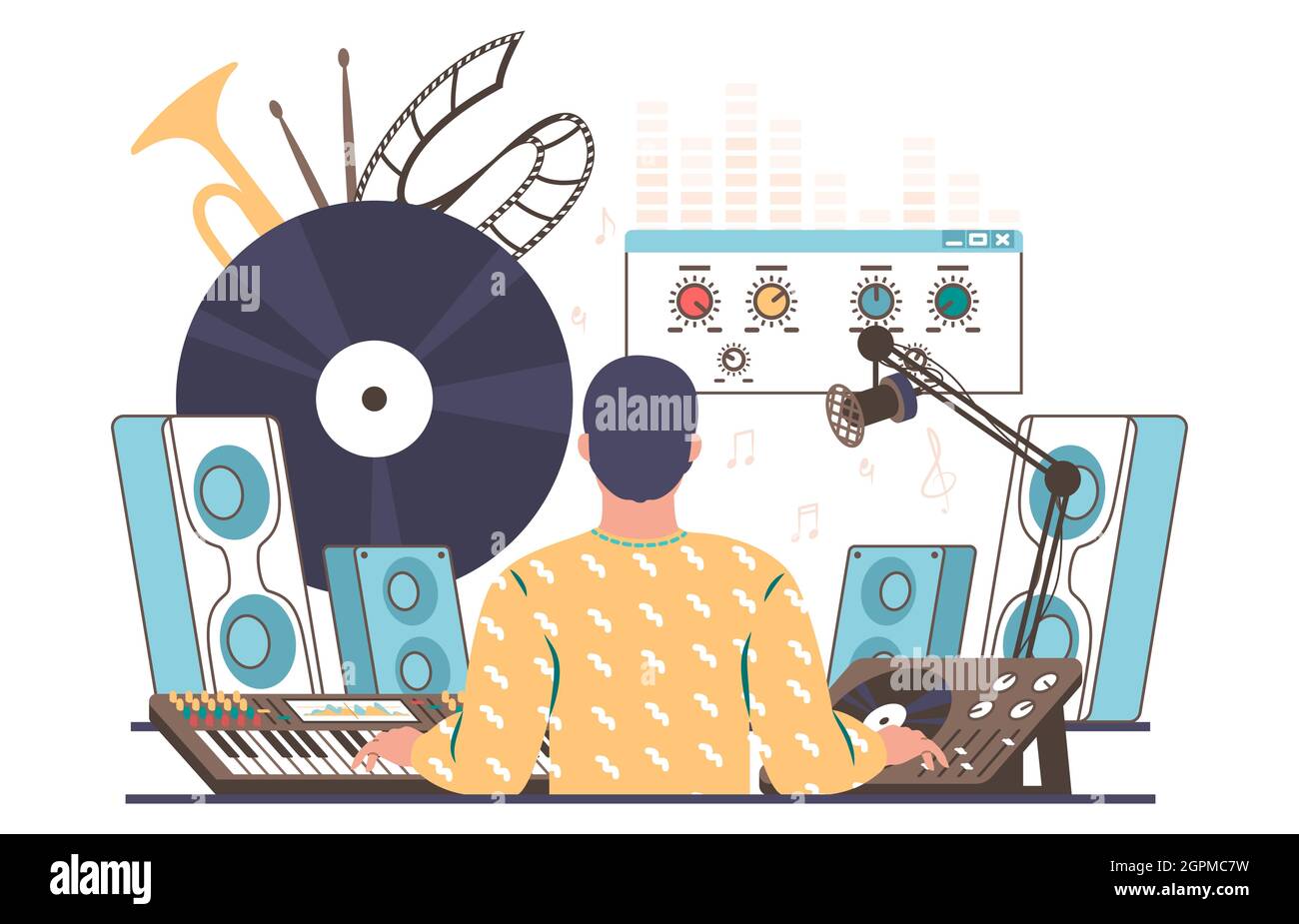 Sound designer, engineer creating, mixing, recording music, flat vector illustration. Sound