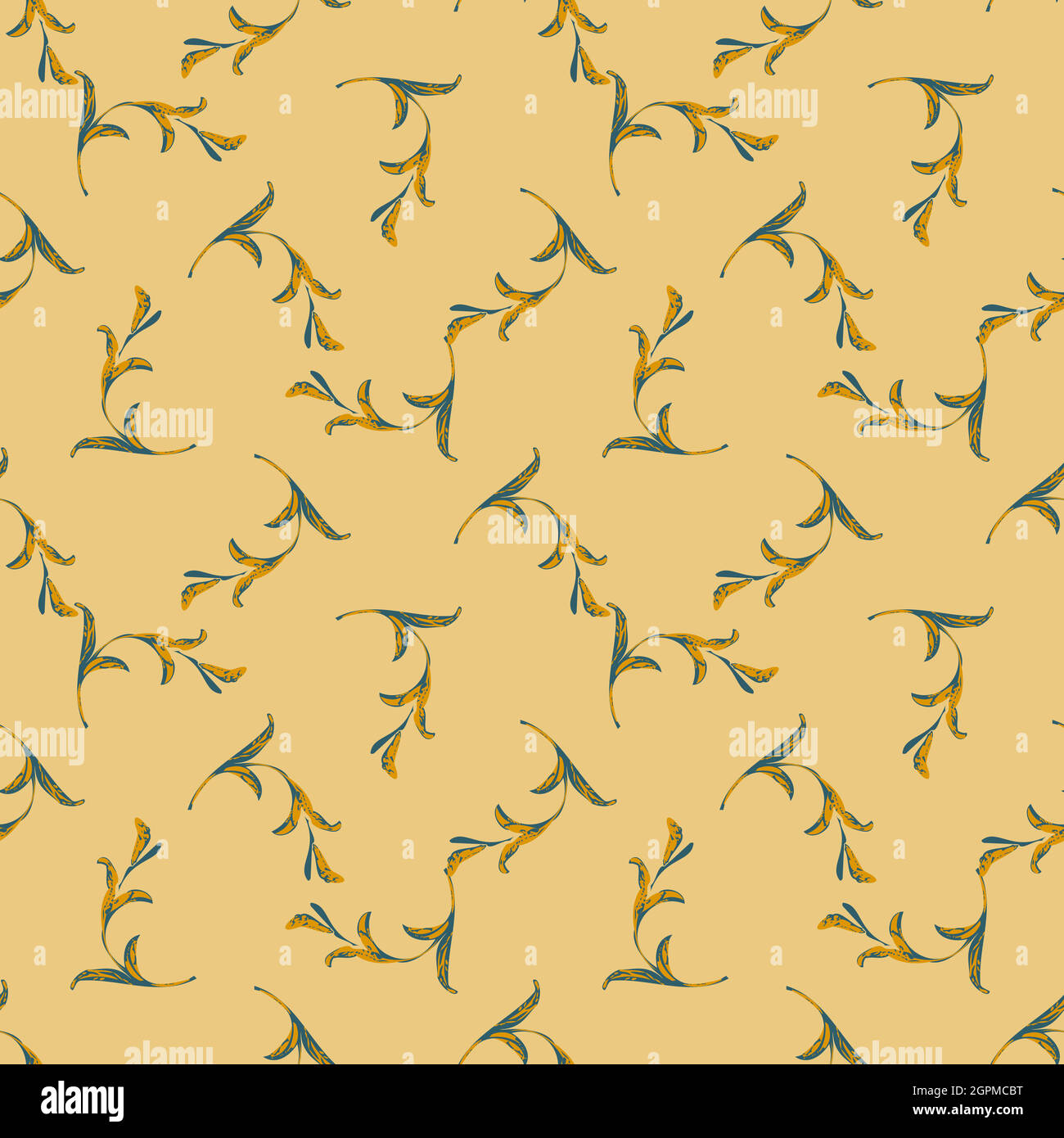 Drawing branches with leaves in yellow colors, plant seamless pattern, nature abstract background vector. Line art botanical illustration graphic design print, fabric. Trendy wallpaper Stock Vector