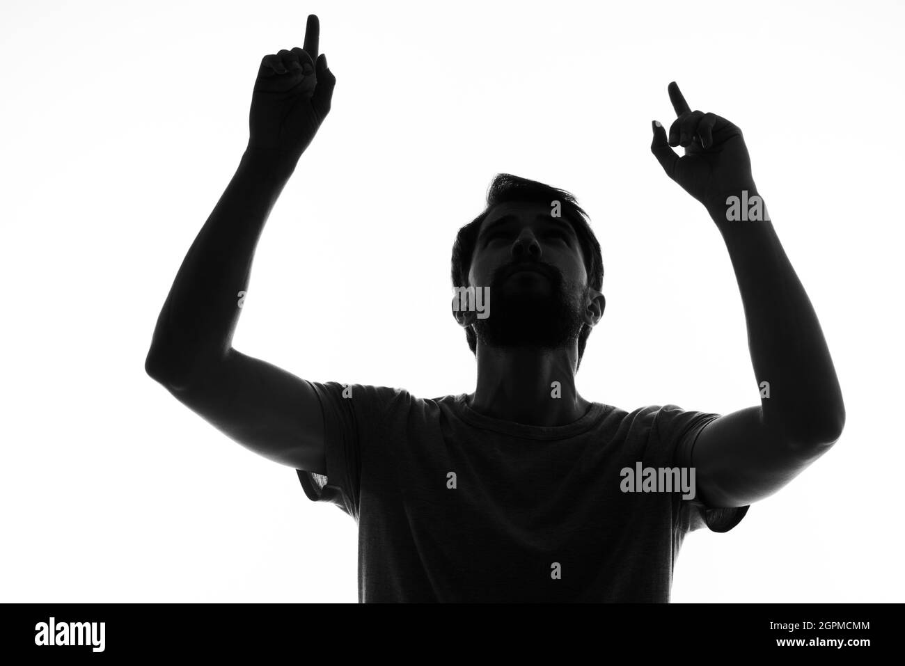 silhouette of a man gestures with his hands black and white photo Stock ...