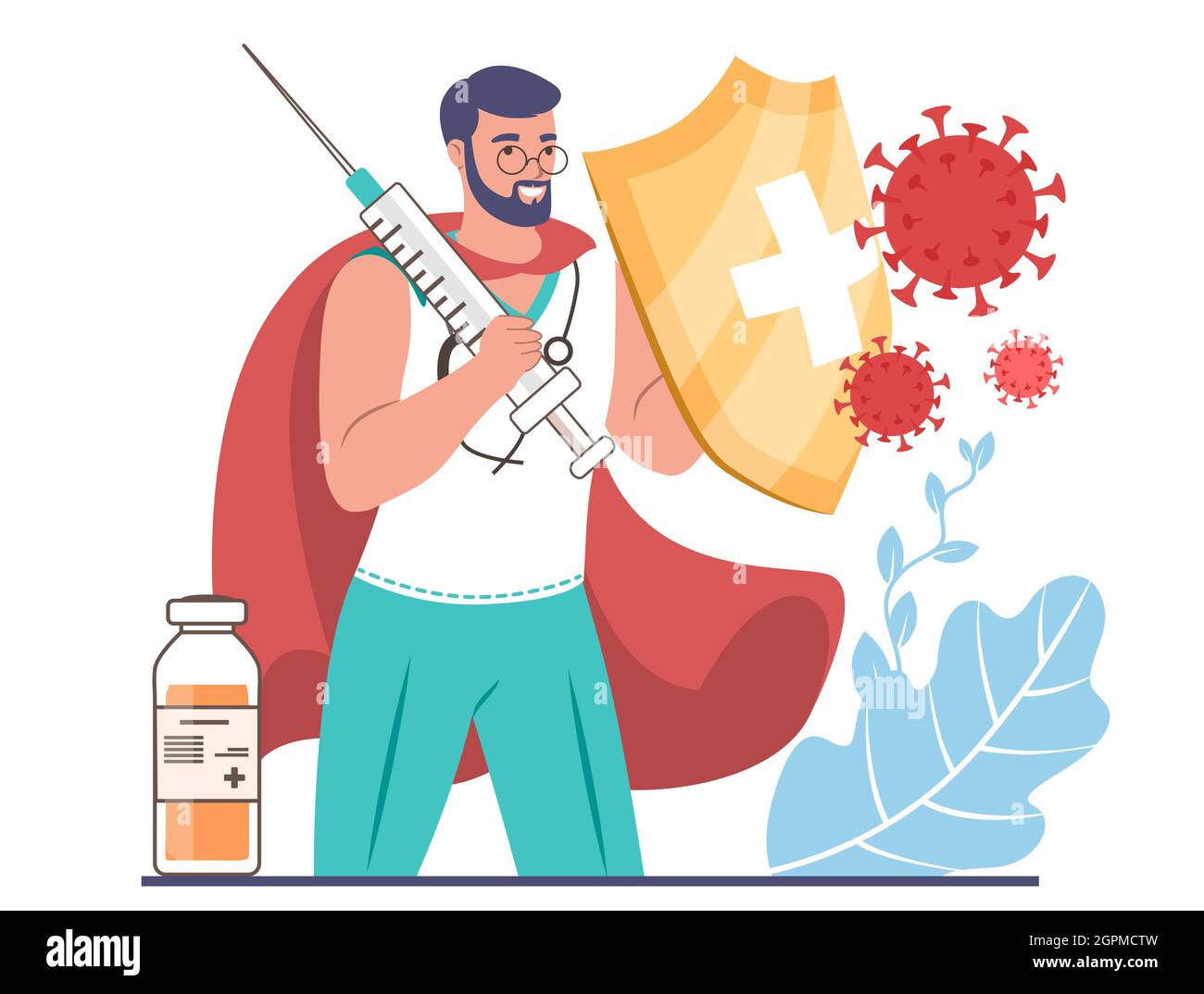 Doctor superhero with vaccine injection and shield protecting from coronavirus, flat vector illustration. Vaccination. Stock Vector