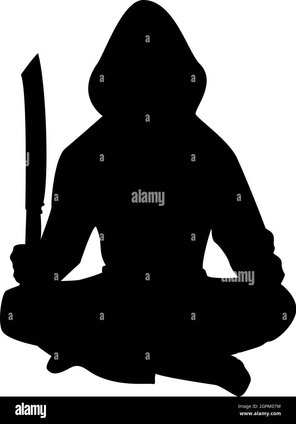 Silhouette man with sword machete cold weapons in hand military man soldier serviceman in positions hunter with knife fight poses strong defender warrior concept weaponry lotus pose black color vector illustration flat style image Stock Vector
