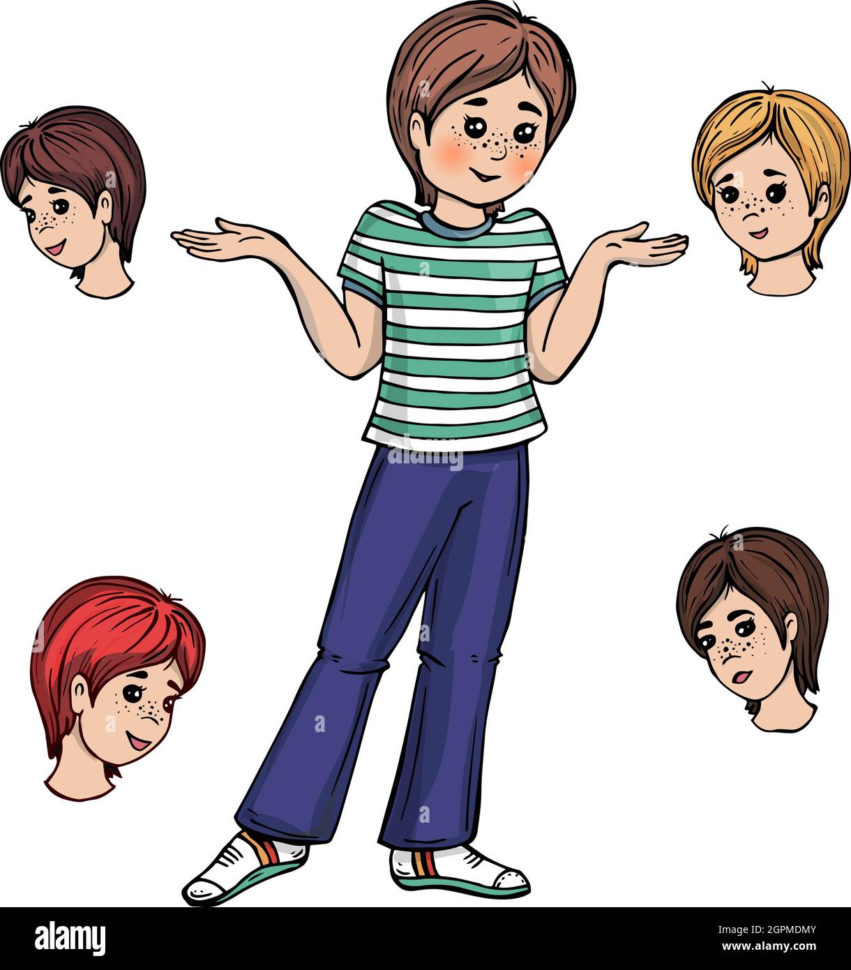 boy throws up his hands, isolated, set. Children's color illustration