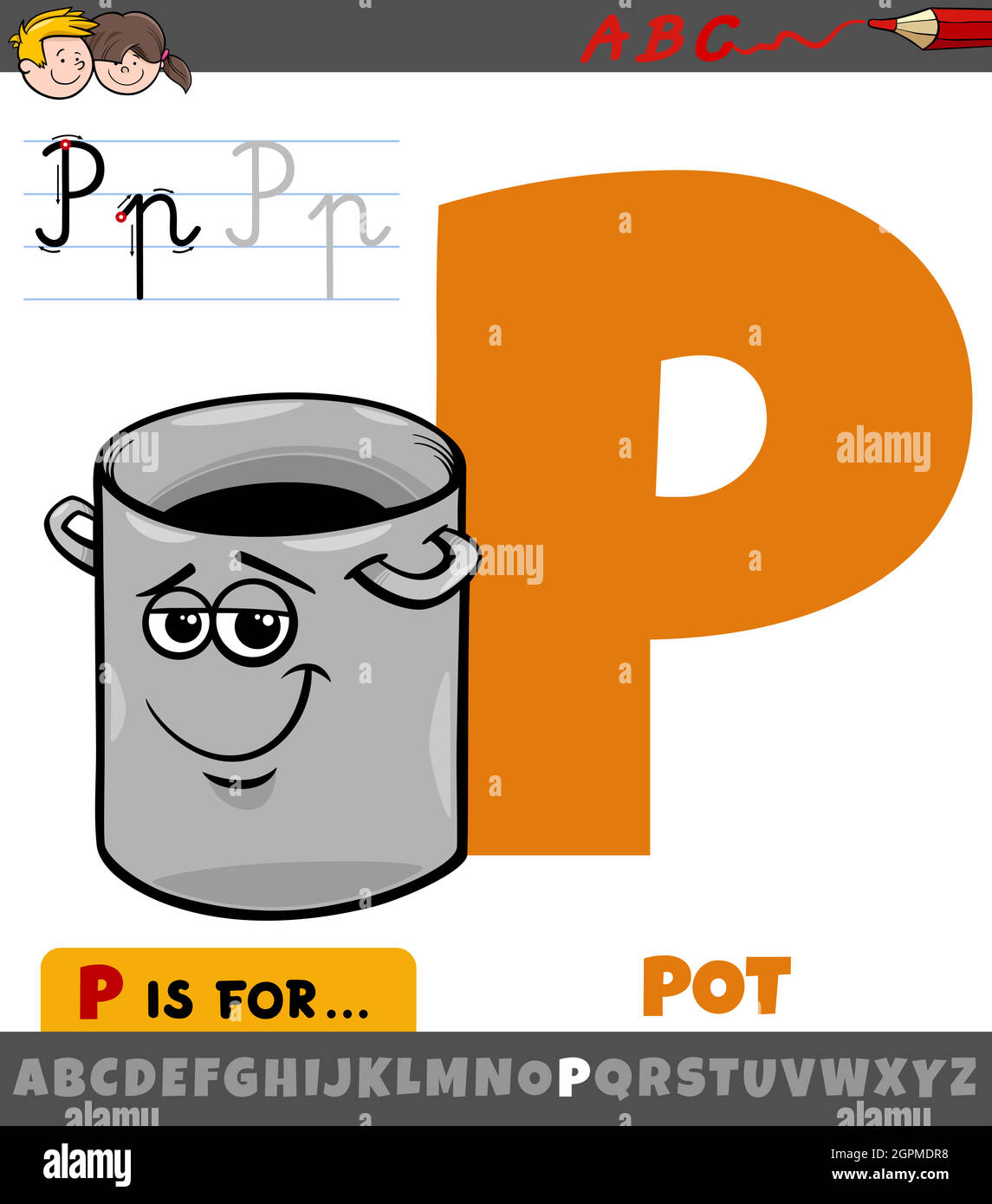 letter P from alphabet with cartoon pot character Stock Vector