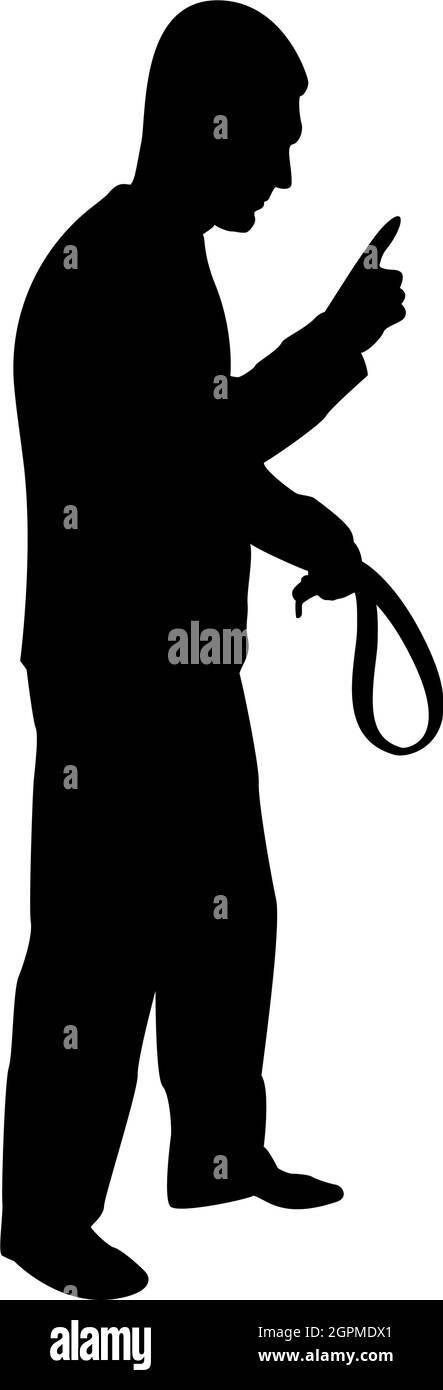 Silhouette angry man with belt in hand for punishment warns showing index finger violence in family concept abuse idea domestic trouble fury male threatening victim social problem husband father emotionally aggression against human bullying black color ve Stock Vector