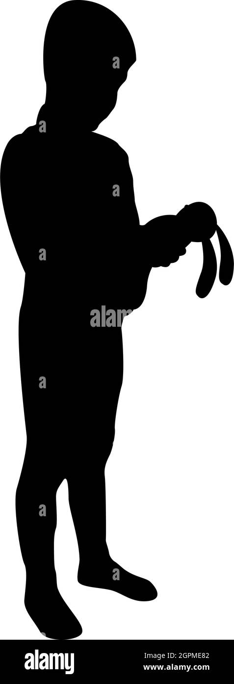 Silhouette boy holds toy child hold bunny hare rabbit preschool brother holding amigurumi son with gifts teddy plaything presents friend for children kid black color vector illustration flat style image Stock Vector