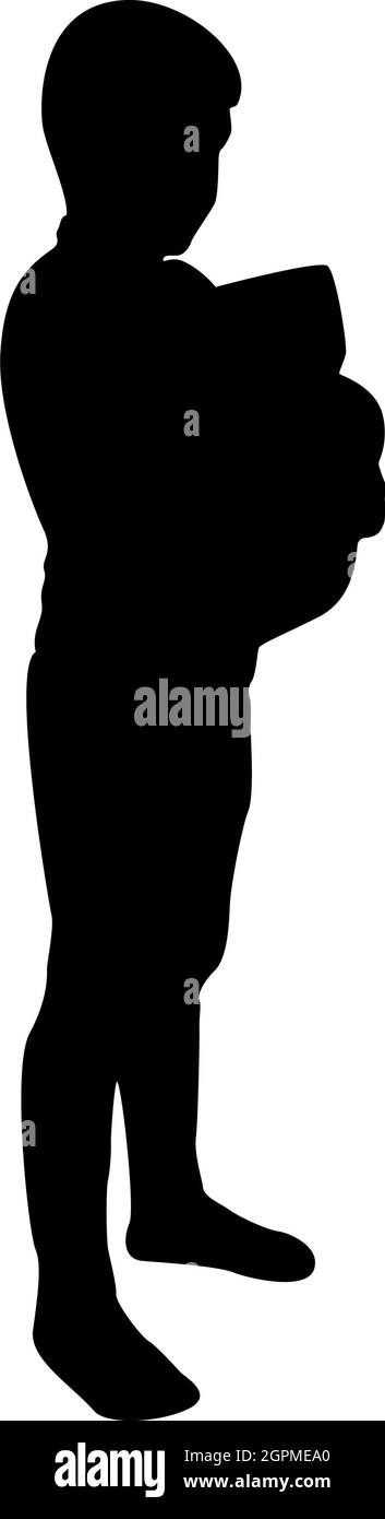 Silhouette boy hugs pillow arm child holds cushion hugging hands preschool hug cute brother standing son stand children happy kid going to bed person bedtime concept sleep snuggle idea view side black color vector illustration flat style image Stock Vector