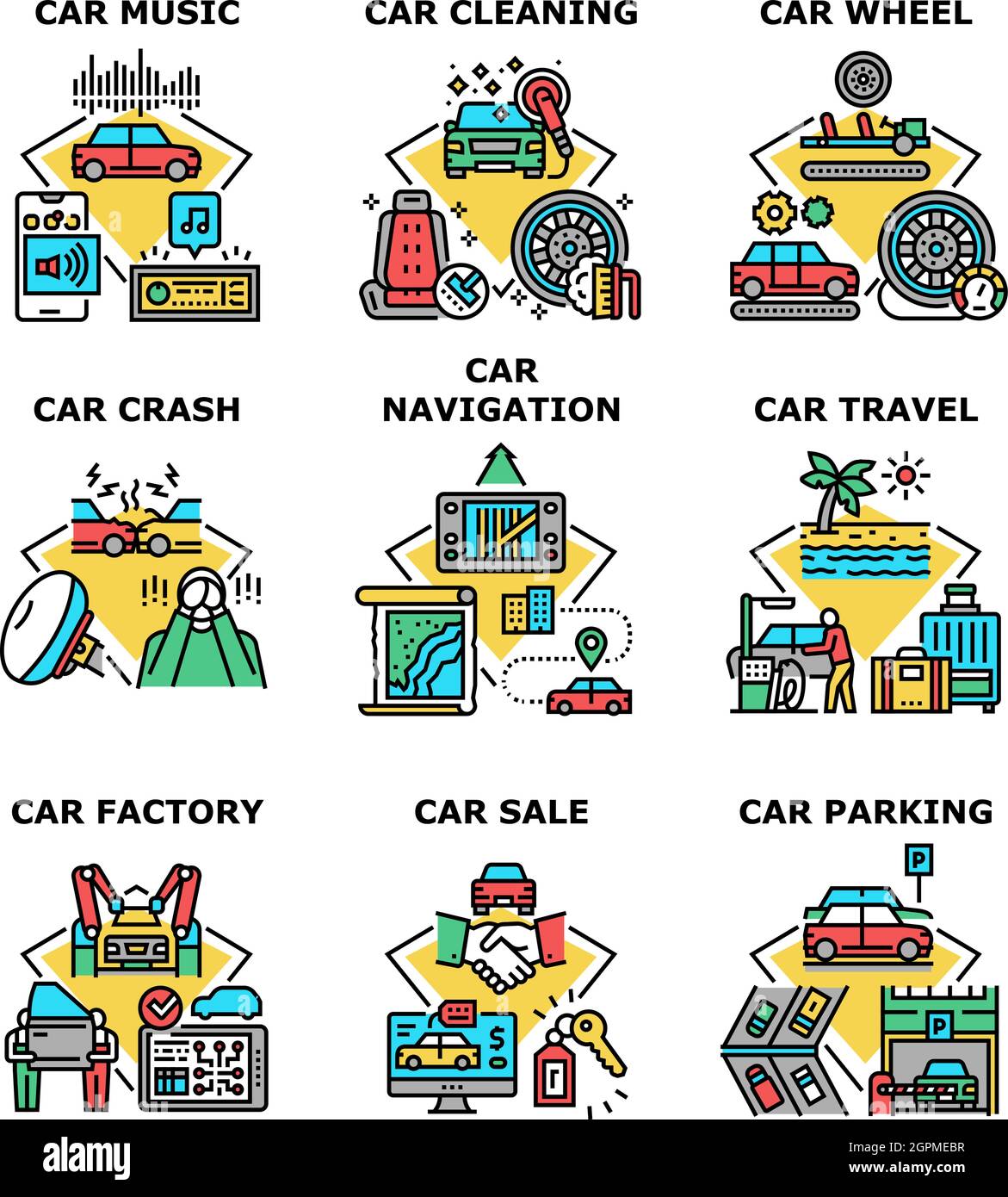 Car Travel Vacation Set Icons Vector Illustrations Stock Vector Image ...