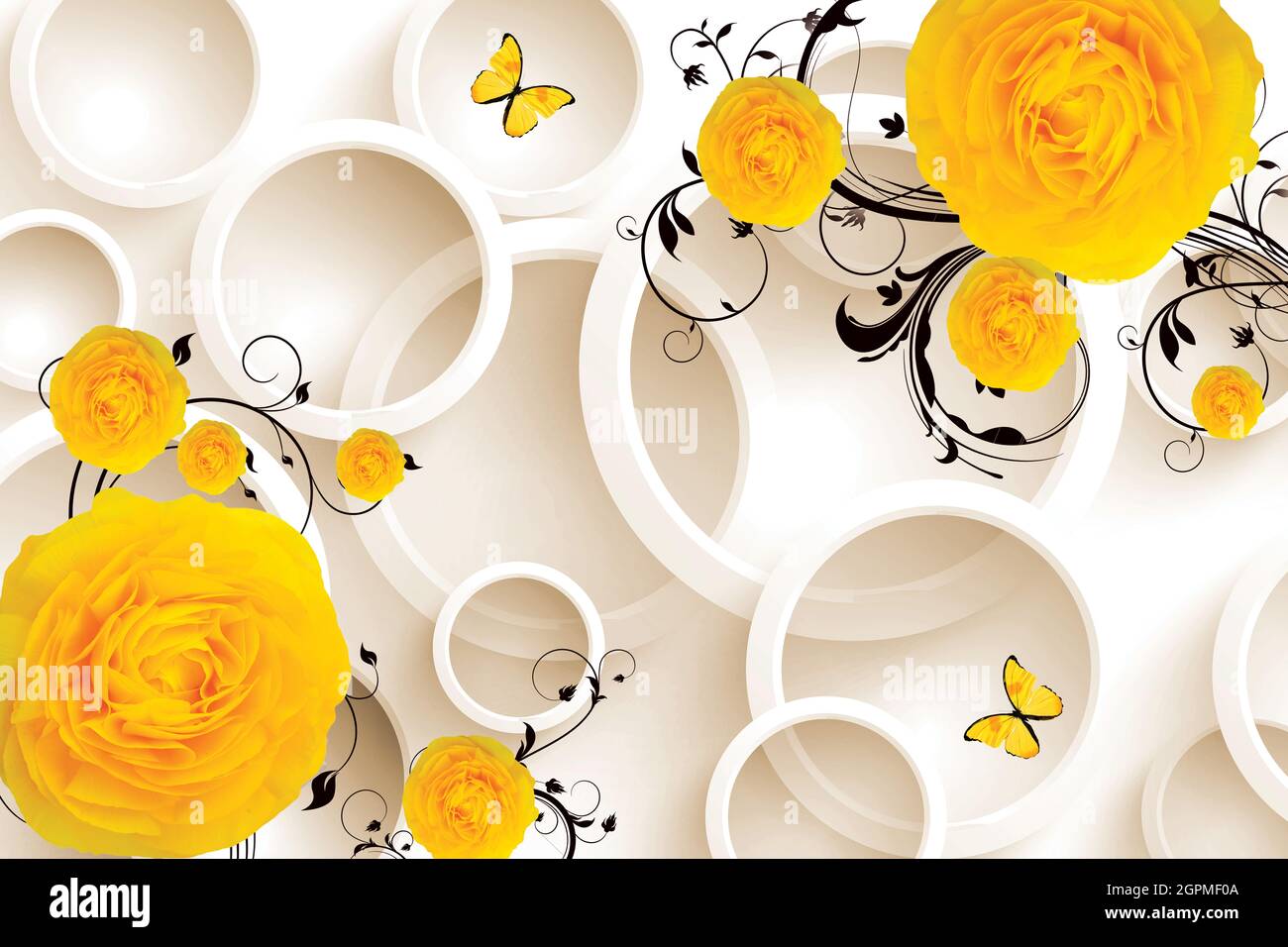 Beautiful Yellow flowers wallpaper. Modern ideas in the design of any  interior,3d illustration Stock Photo - Alamy
