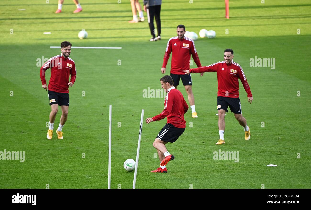 Berlin, Germany. 29th Sep, 2021. Football: UEFA Europa Conference League, before the match 1. FC Union Berlin - Maccabi Haifa, final training Union at the Olympiastadion. Union's Niko Gießelmann (l-r), Max Kruse, Levin Öztunali and Kevin Möhwald in action. Credit: Matthias Koch/dpa/Alamy Live News Stock Photo
