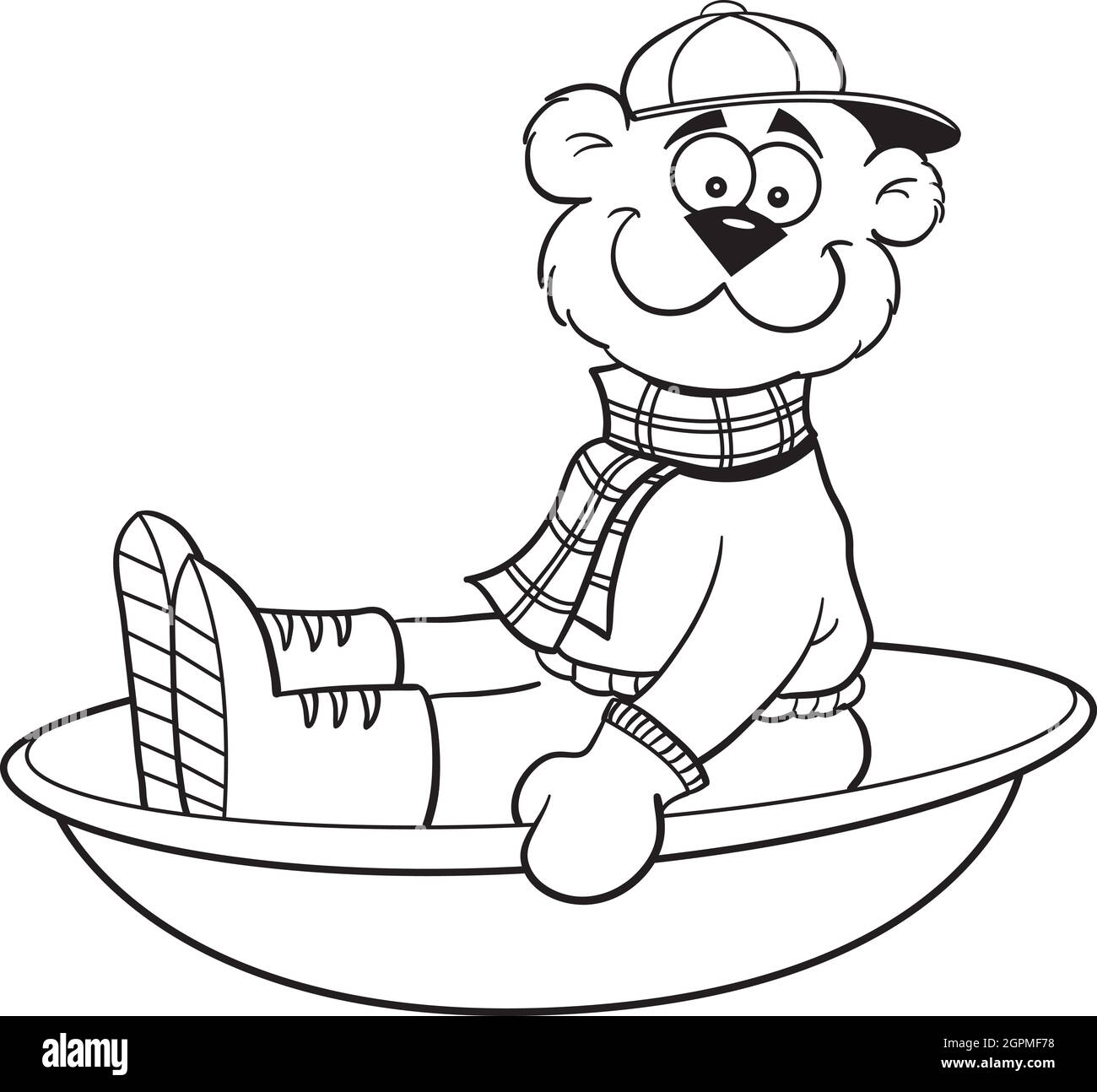 Black and white illustration of a bear sledding. Stock Vector
