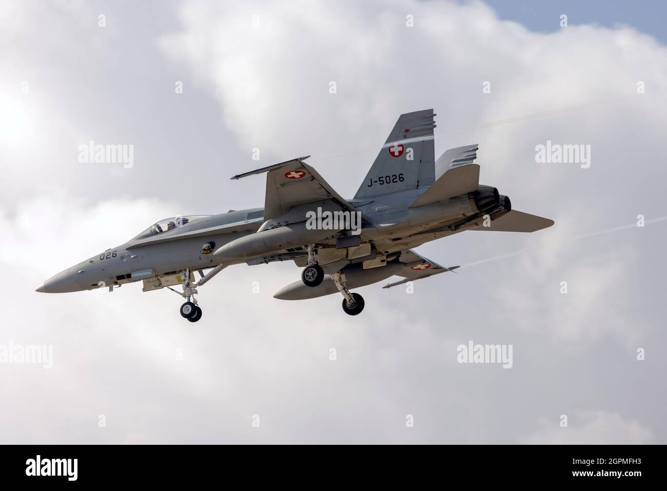 Swiss Air Force McDonnell Douglas FA-18C Hornet (REG: J-5026) landing runway 13, for the Airshow the coming weekend. Stock Photo