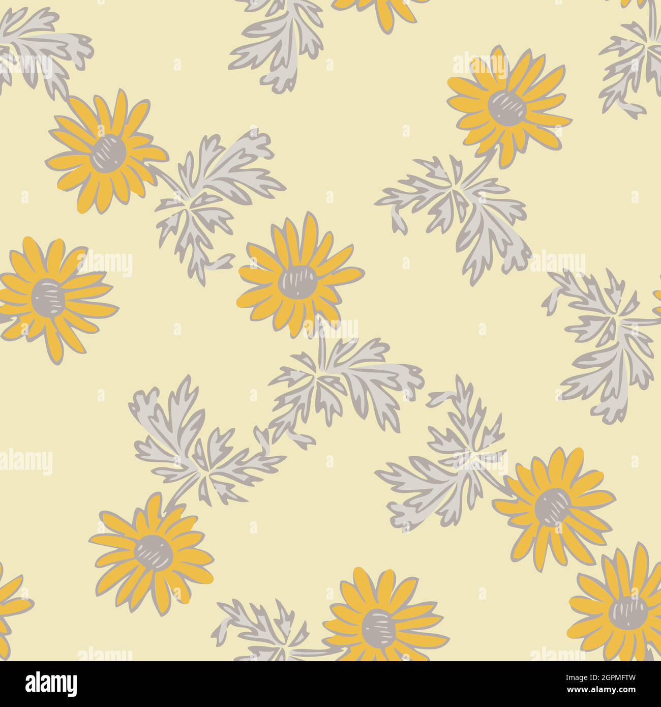 Chrysanthemum flowers drawing, bloom in yellow colors, floral seamless pattern, nature abstract background vector. Line art botanical illustration graphic design print, fabric. Trendy grey wallpaper Stock Vector