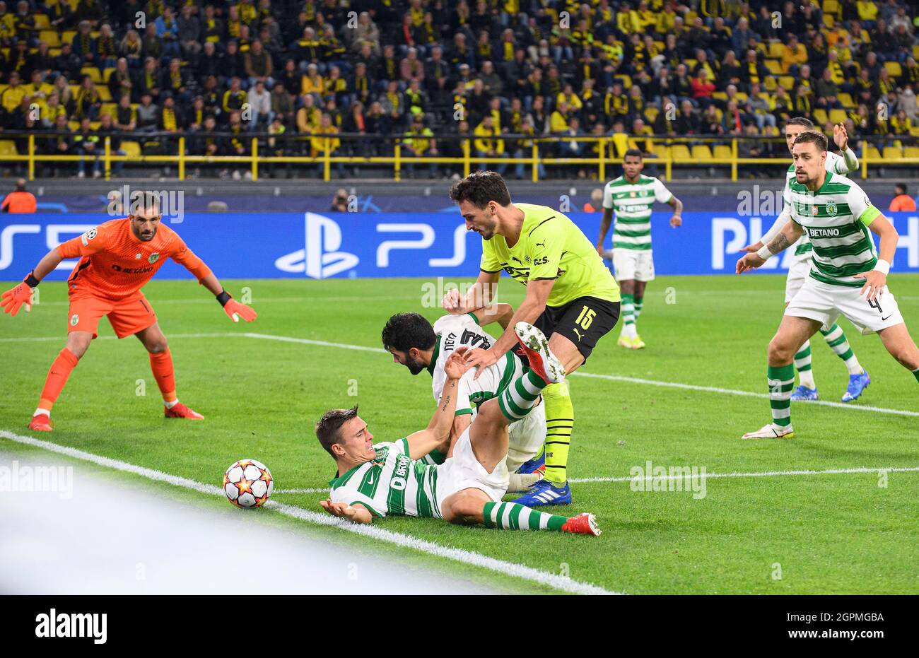 Mats HUMMELS (DO) in the duel versus left to right Joao PALHINHA (LIS), Luis NETO (LIS), action, duels, penalty area scene, Soccer Champions League, preliminary round 2nd matchday, Borussia Dortmund (DO) - Sporting Lisbon (LIS) 1: 0, on September 28th, 2021 in Dortmund/Germany. Â Stock Photo