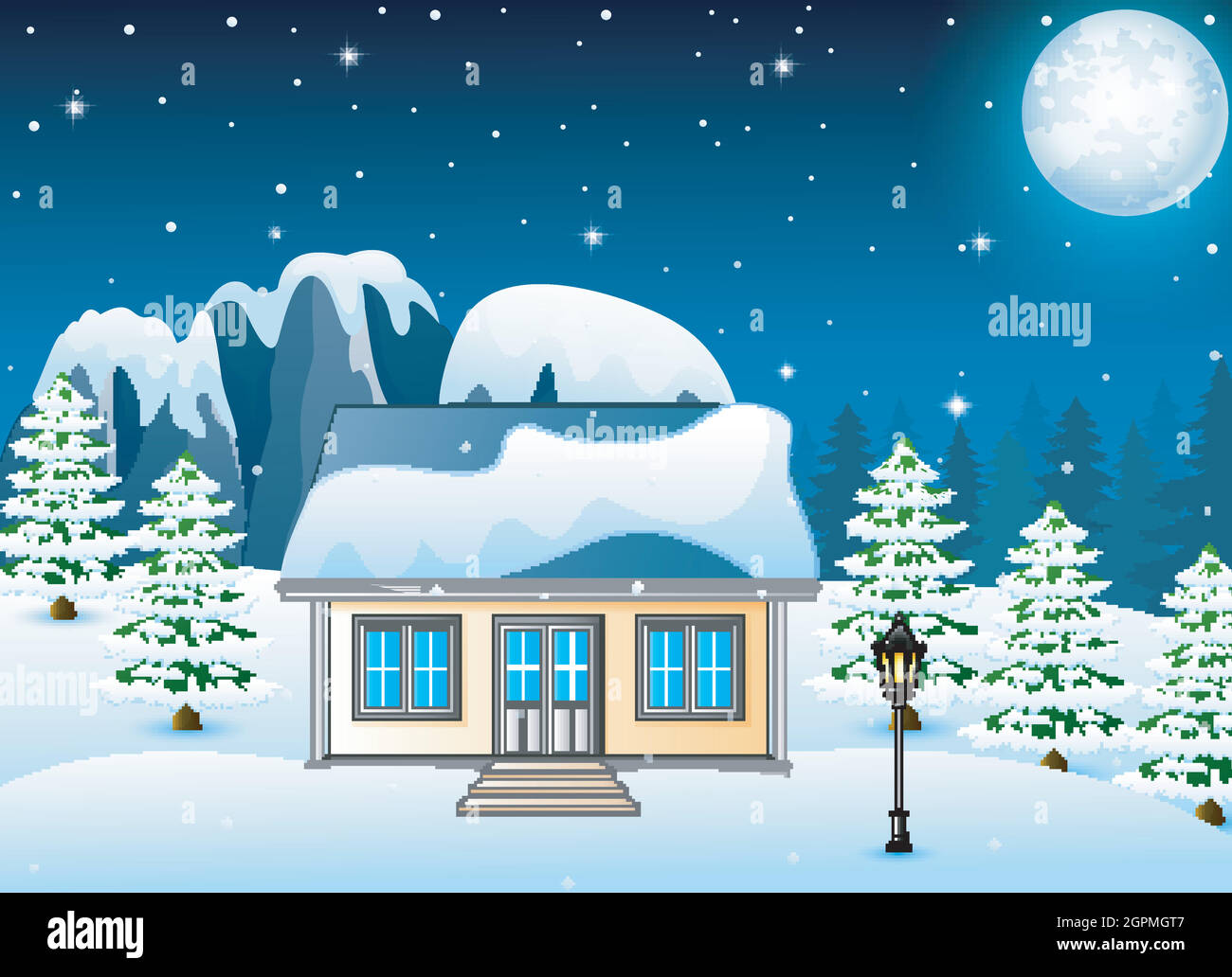 Winter night landscape with snow covered house and snowy rocks Stock Vector