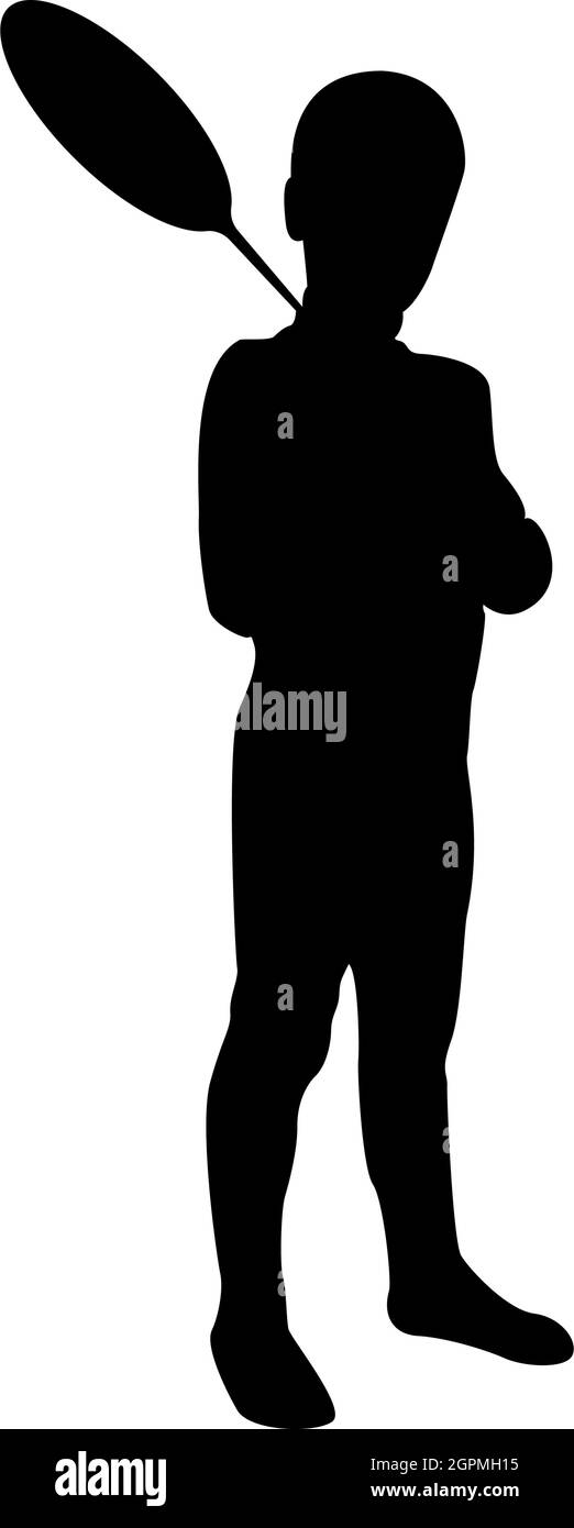 Silhouette boy holds badminton racket cute young child holding standing toy shuttlecock happy concept teenage action summer sport activity camp concept kid will play having fun black color vector illustration flat style image Stock Vector