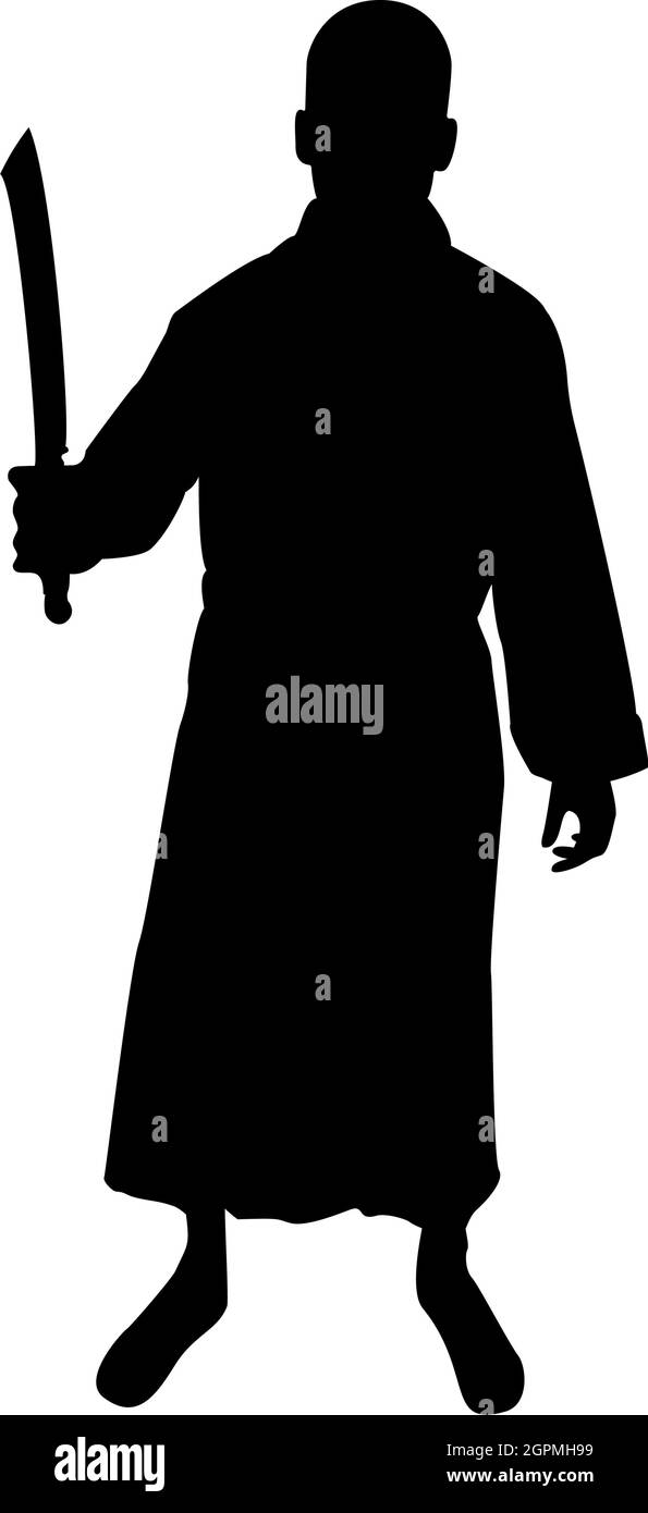Silhouette man with sword machete cold weapons in hand military man soldier serviceman in positions hunter with knife fight poses strong defender warrior concept weaponry stand black color vector illustration flat style image Stock Vector