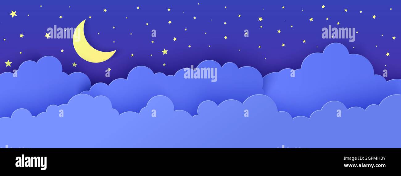 Night sky in paper cut style. 3d background with dark cloudy landscape