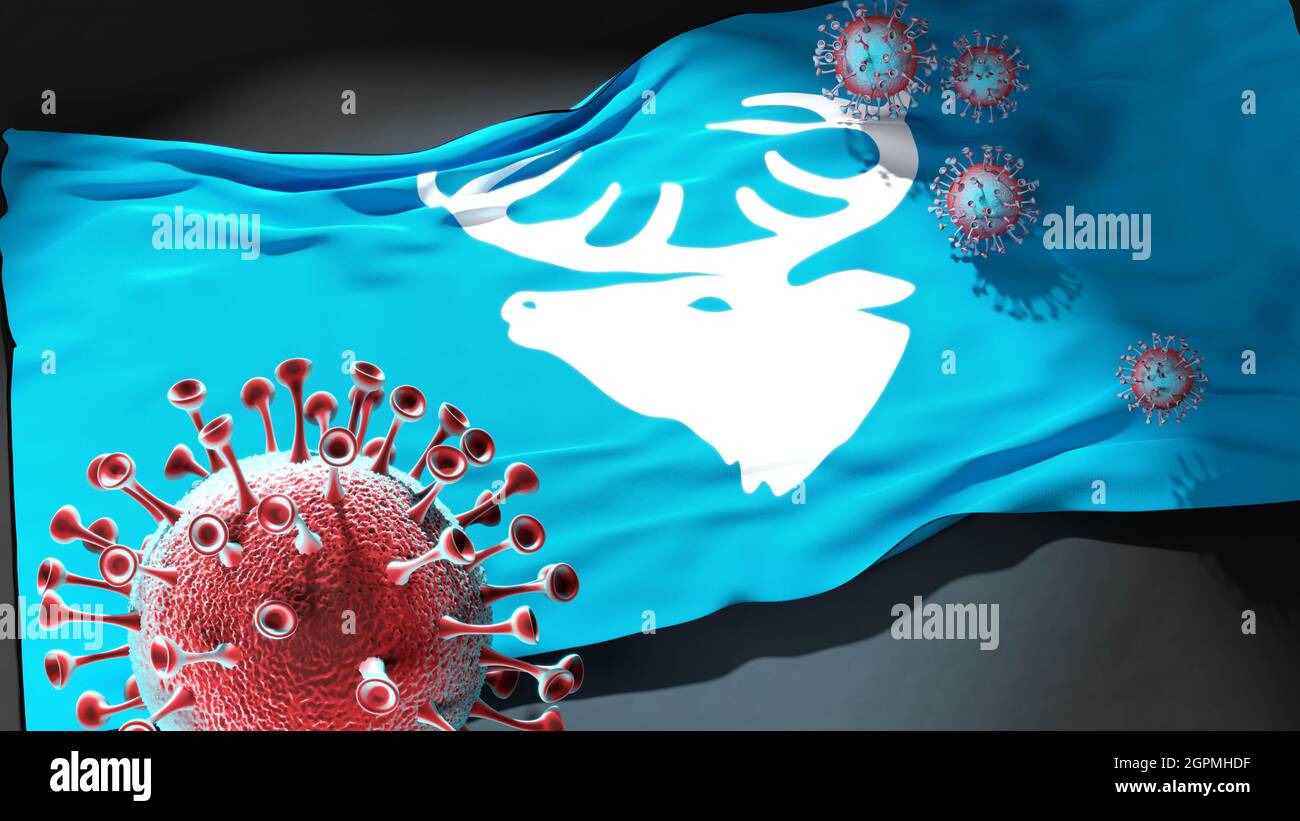 Covid in Hitra crest - coronavirus attacking a city flag of Hitra crest as a symbol of a fight and struggle with the virus pandemic in this city, 3d i Stock Photo