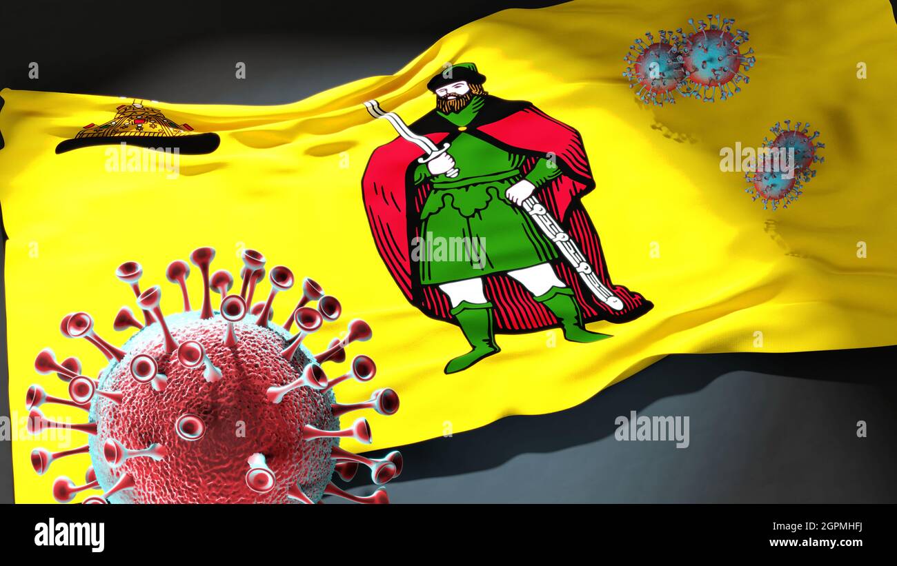 Covid in Ryazan - coronavirus attacking a city flag of Ryazan as a symbol of a fight and struggle with the virus pandemic in this city, 3d illustratio Stock Photo