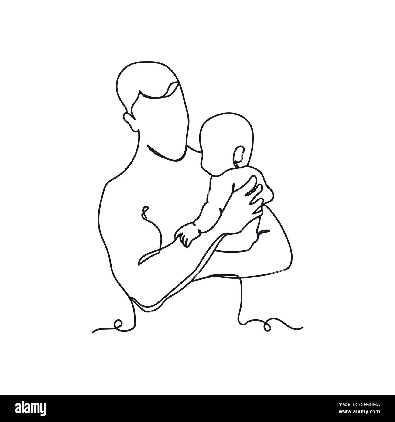 Continuous one line of father and baby in silhouette. Minimal style. Perfect for cards, party invitations, posters, stickers, clothing. Black abstract icon. Stock Vector