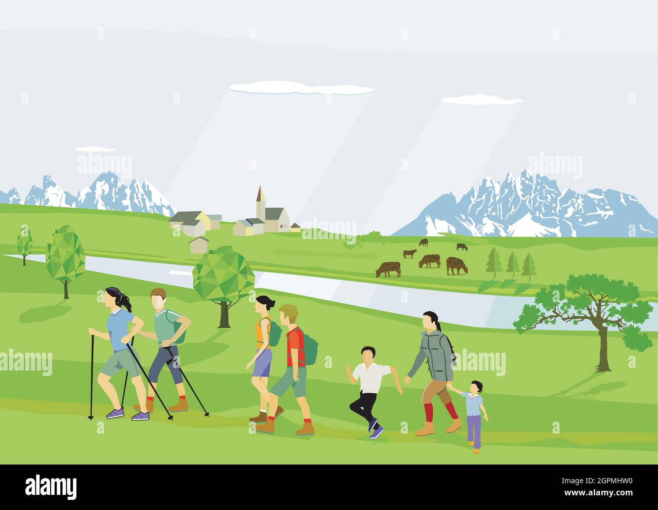 People and families hiking in leisure time illustration Stock Vector