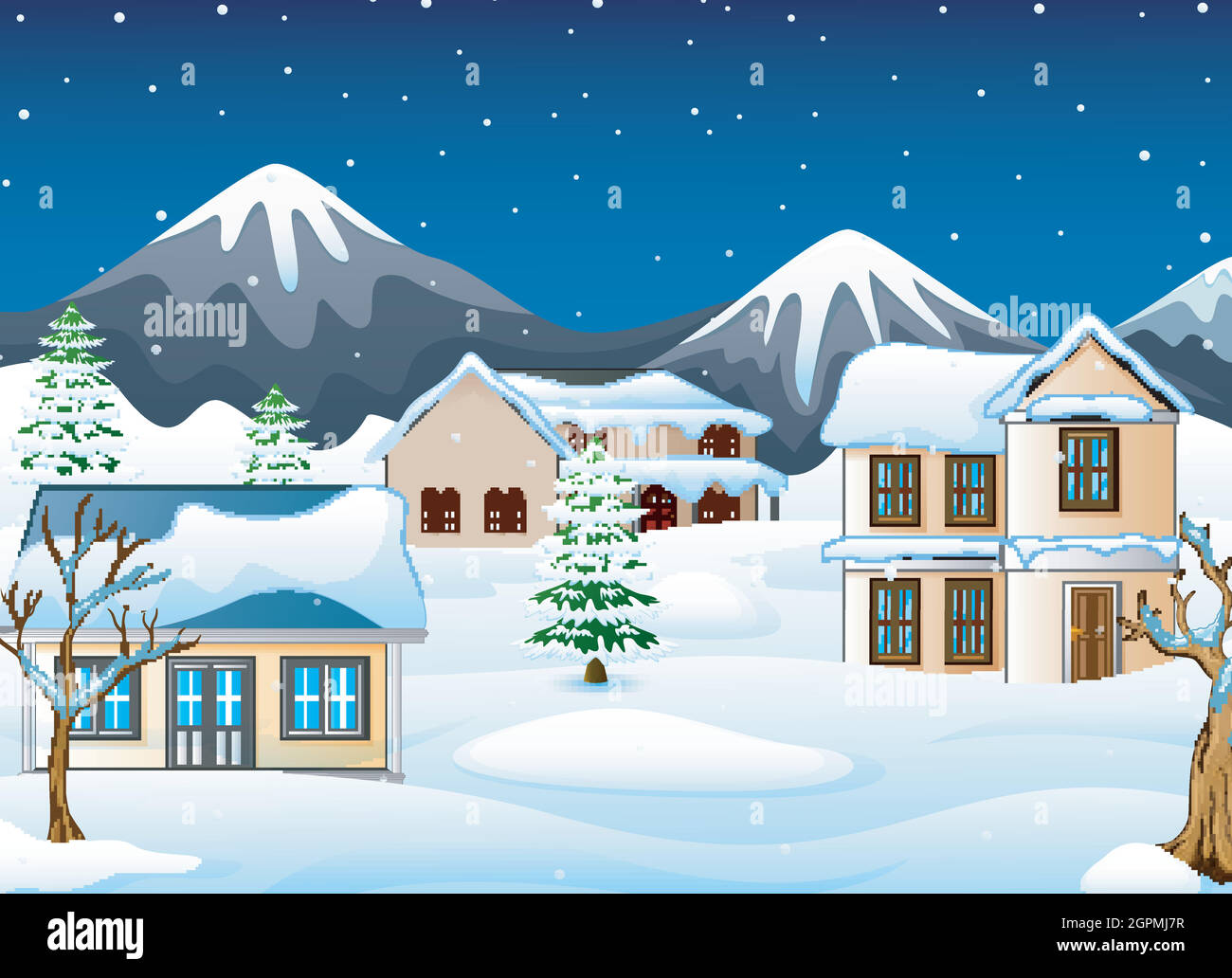 Winter night landscape with mountains and snow covered house Stock Vector