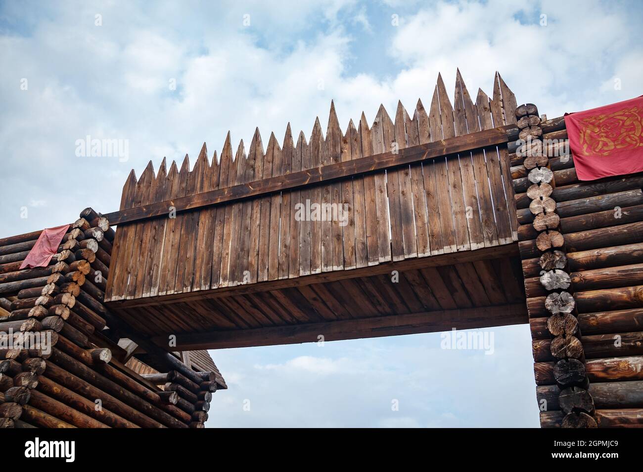 Photo of the reconstruction middle ages in East Europe - wooden fortress Stock Photo
