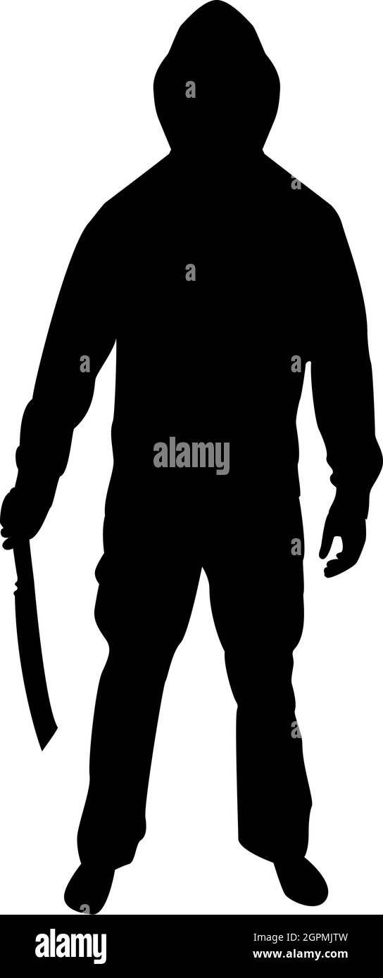 Silhouette man with sword machete cold weapons in hand military man soldier serviceman in positions hunter with knife fight poses strong defender warrior concept weaponry stand black color vector illustration flat style image Stock Vector