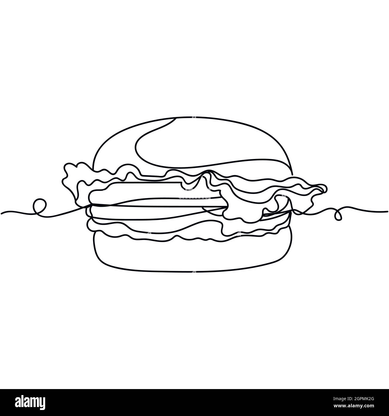 Continuous one line of burger in silhouette. Minimal style. Perfect for cards, party invitations, posters, stickers, clothing. Black abstract icon. Stock Vector