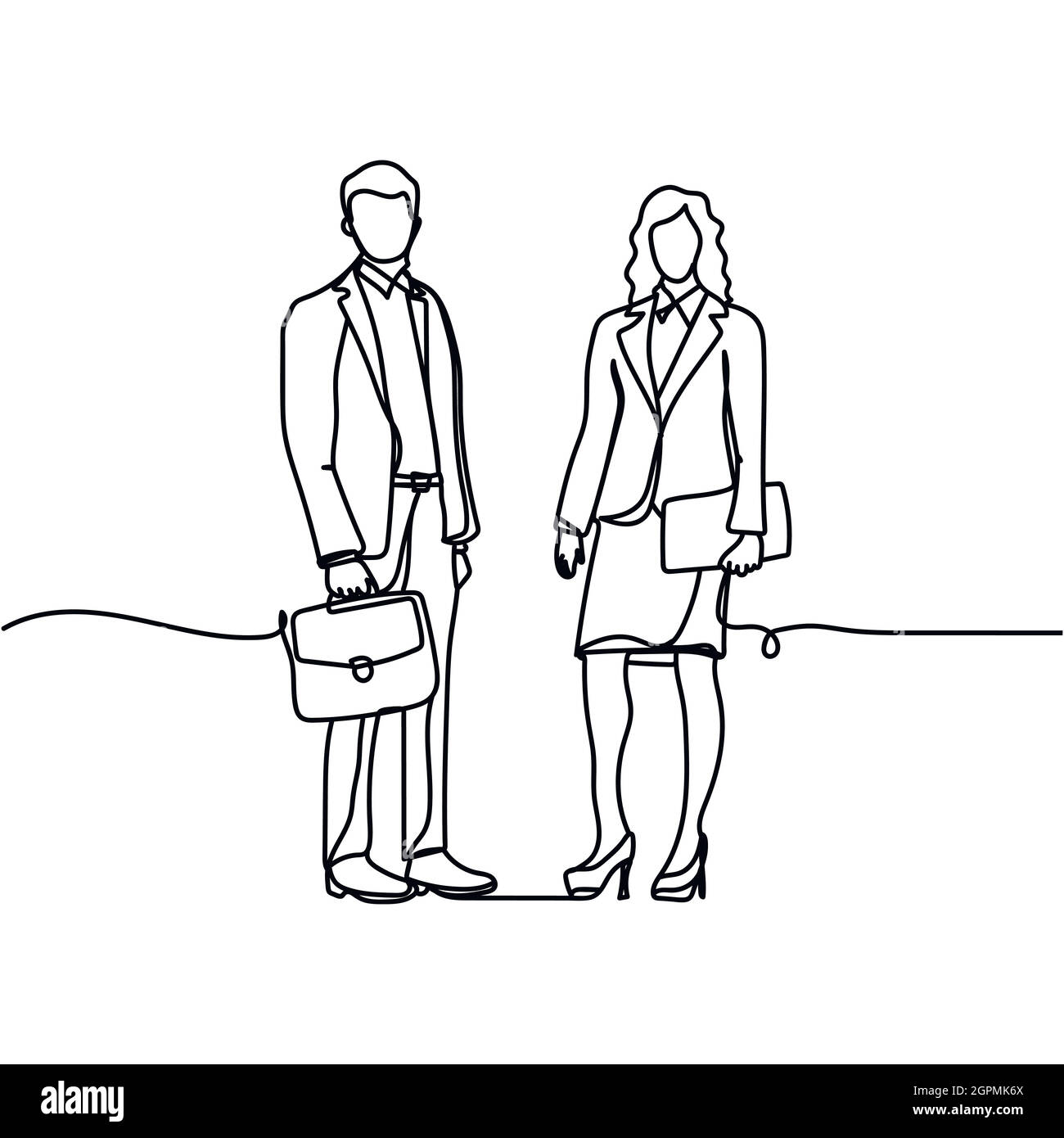 Continuous one line of businesswoman and businessman in silhouette. Minimal style. Perfect for cards, party invitations, posters, stickers, clothing. Black abstract icon. Business concept Stock Vector
