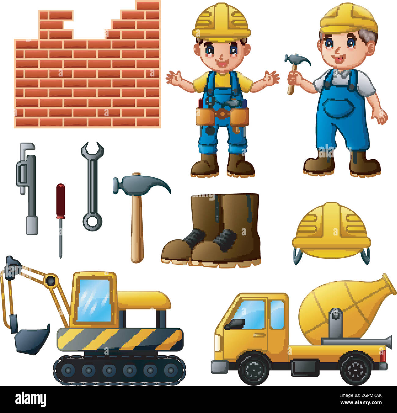 Young builders and equipment set isolated on white background Stock Vector