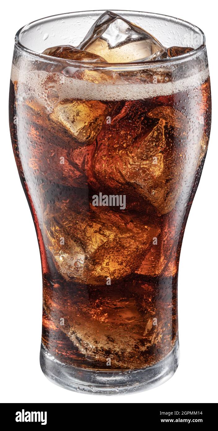 Cold glass of cola drink with ice cubes isolated on white background ...