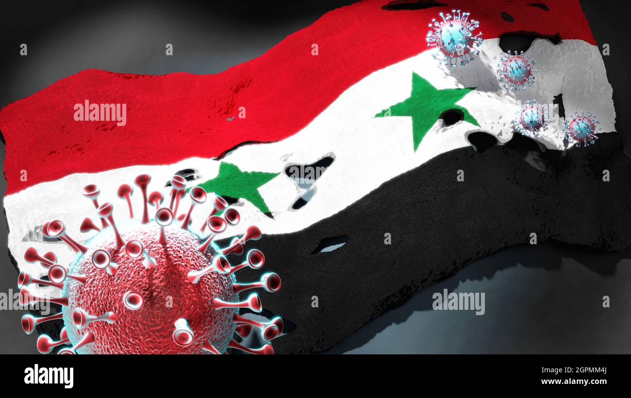 Covid in Syrian Arab Republic - coronavirus attacking a national flag of Syrian Arab Republic as a symbol of a fight and struggle with the virus pande Stock Photo