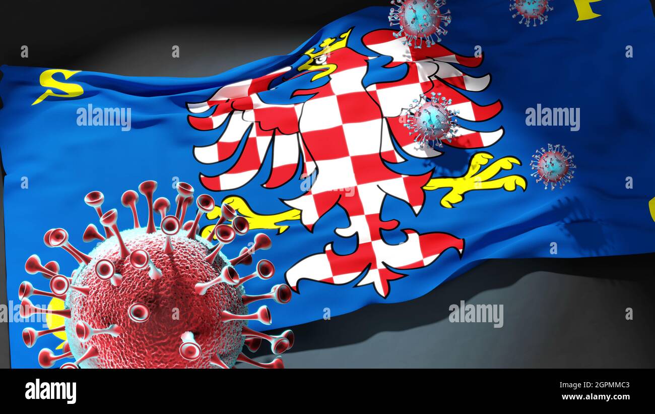 Covid in Olomouc - coronavirus attacking a city flag of Olomouc as a symbol of a fight and struggle with the virus pandemic in this city, 3d illustrat Stock Photo