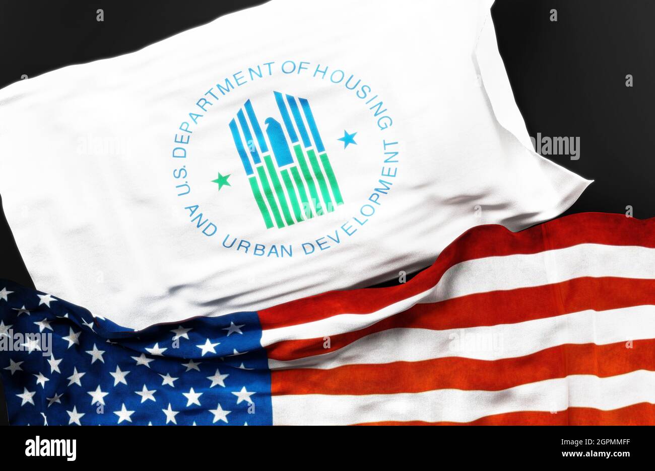 Flag of the United States Department of Housing and Urban Development along with a flag of the United States of America as a symbol of a connection be Stock Photo