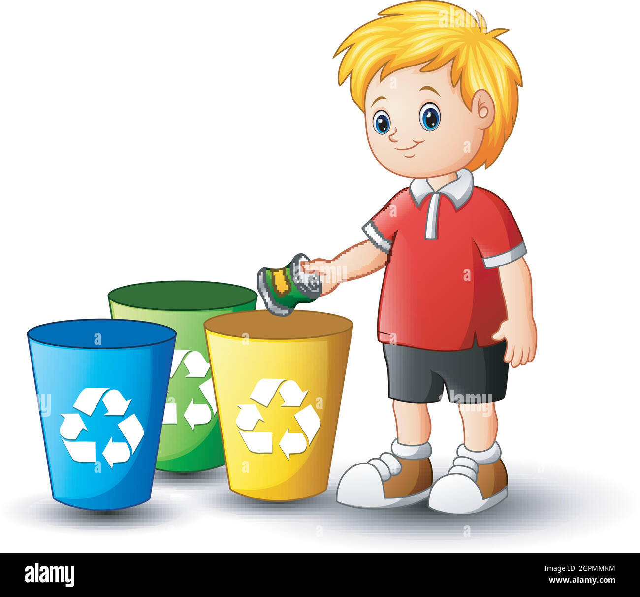 Boy putting aluminum in recycling bin Stock Vector