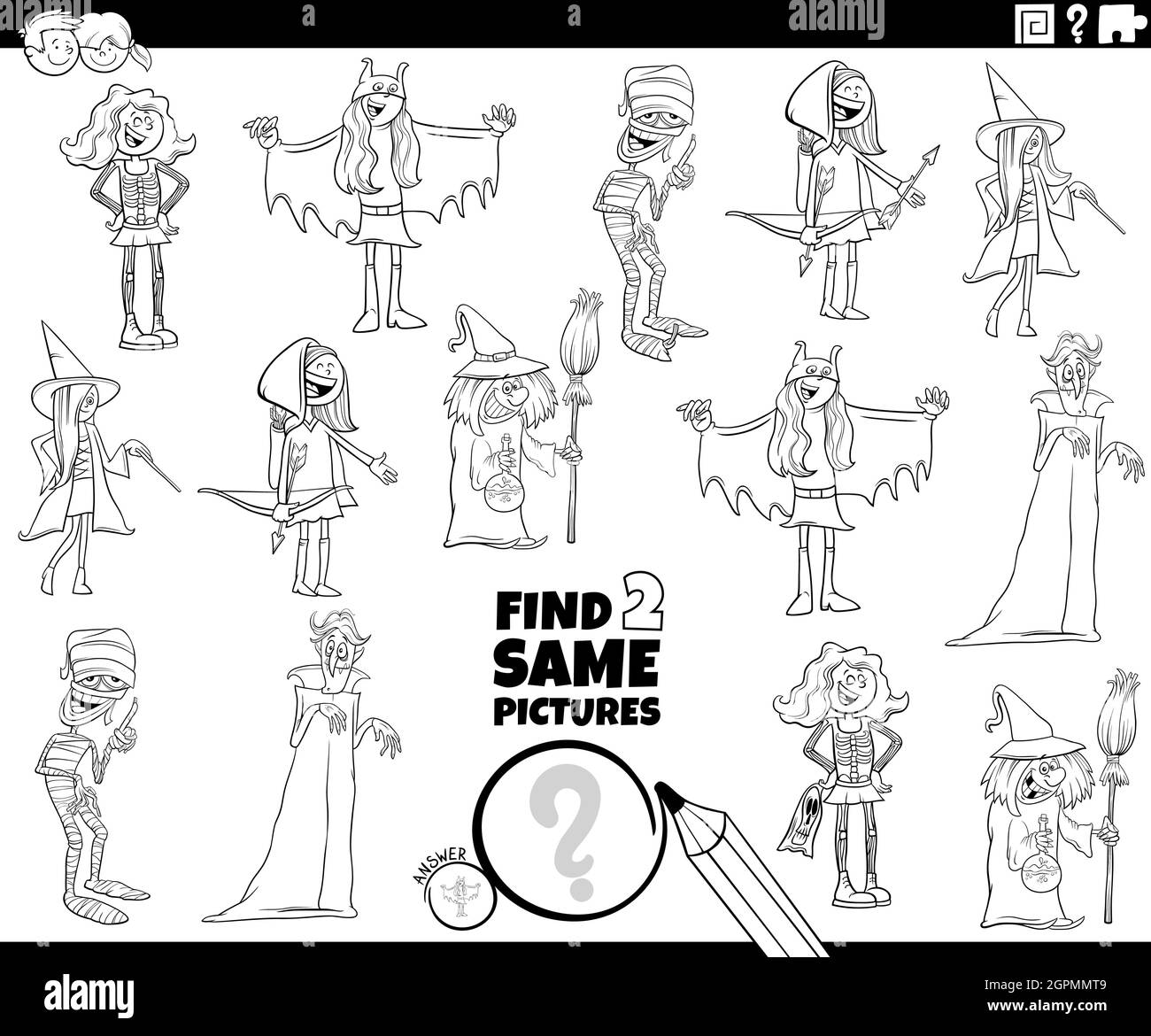 find two same kids at costume party coloring book page Stock Vector