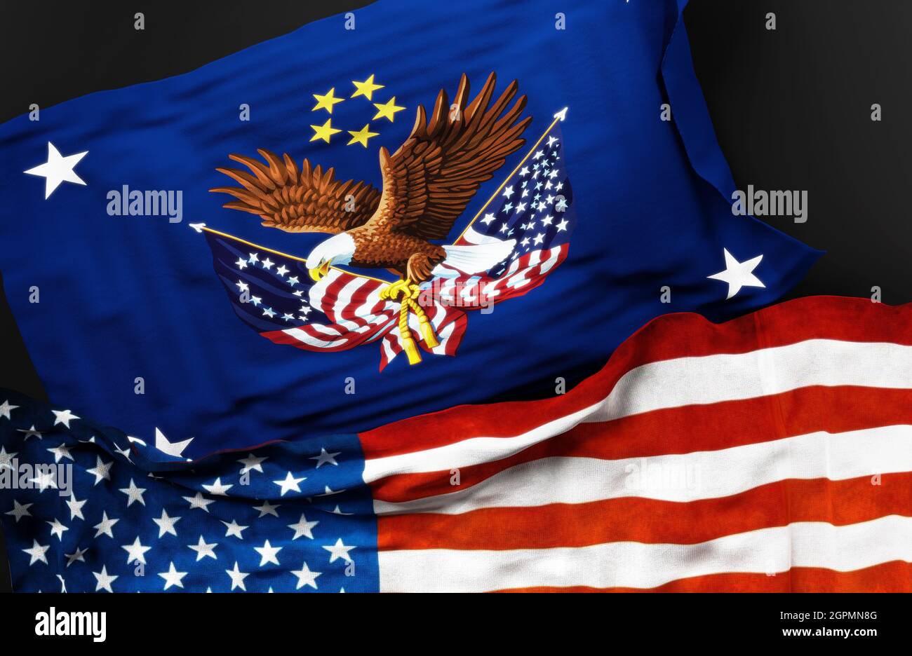 Flag of the United States Secretary of Veterans Affairs along with a flag of the United States of America as a symbol of a connection between them, 3d Stock Photo