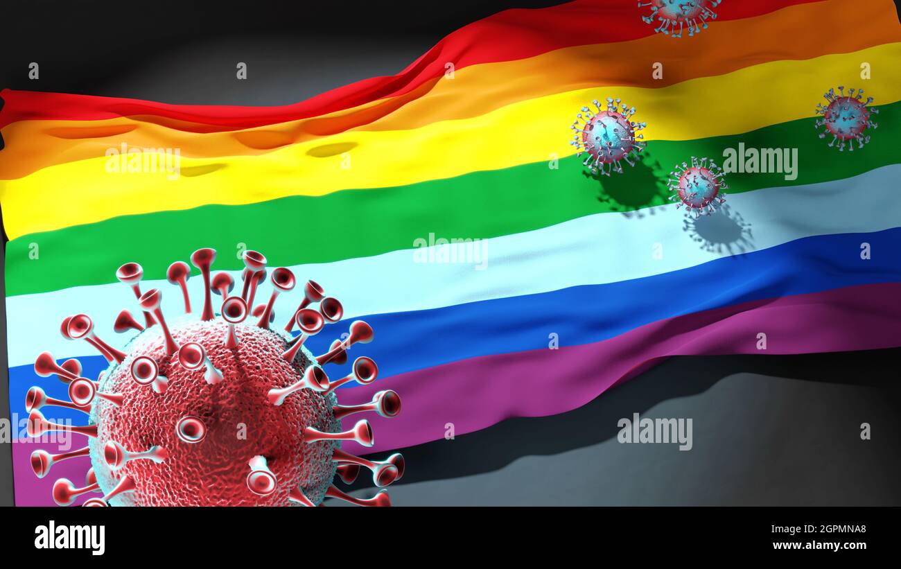 Covid in Cusco - coronavirus attacking a city flag of Cusco as a symbol of a fight and struggle with the virus pandemic in this city, 3d illustration Stock Photo
