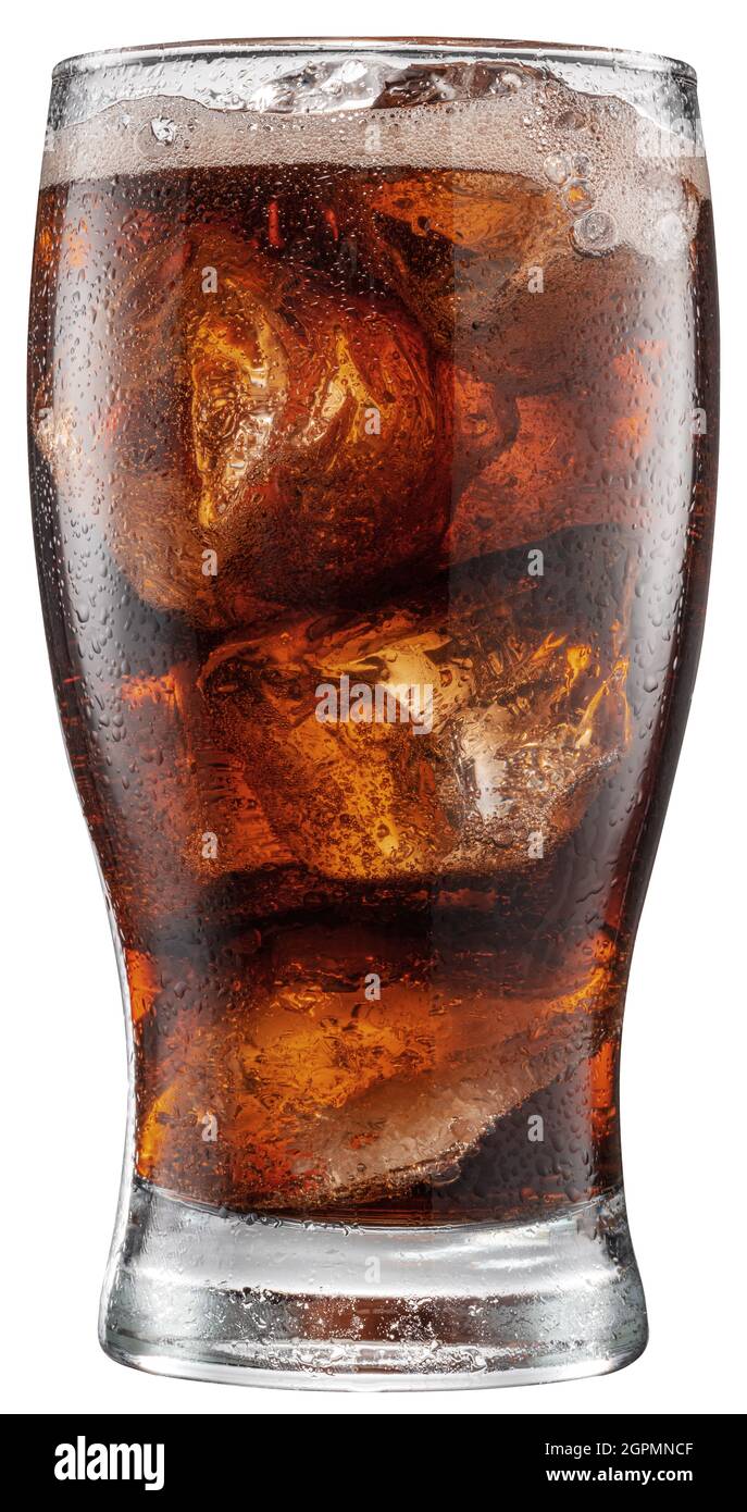 Cold glass of cola drink with ice cubes isolated on white background ...