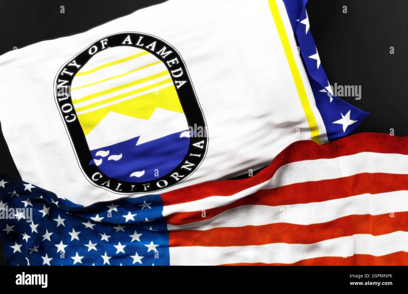 Flag of Alameda County California along with a flag of the United States of America as a symbol of unity between them, 3d illustration Stock Photo
