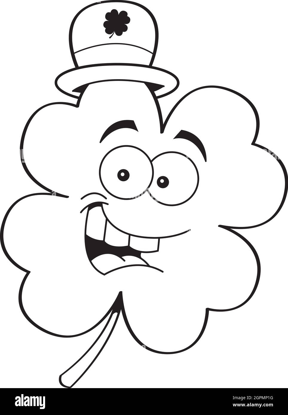 Black and white illustration of a shamrock wearing a hat Stock Vector ...