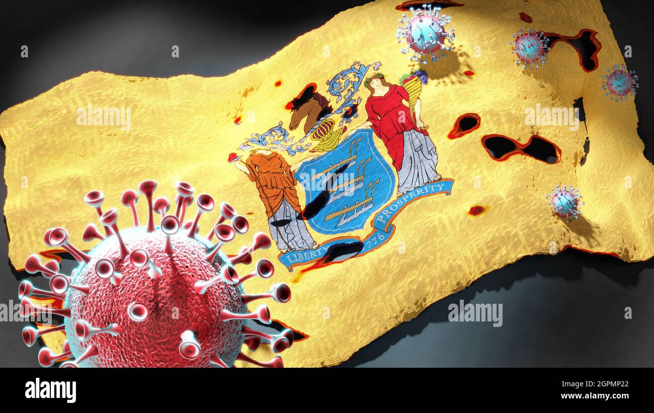 Covid in New Jersey - coronavirus attacking a state flag of New Jersey as a symbol of a fight and struggle with the virus pandemic in this state, 3d i Stock Photo